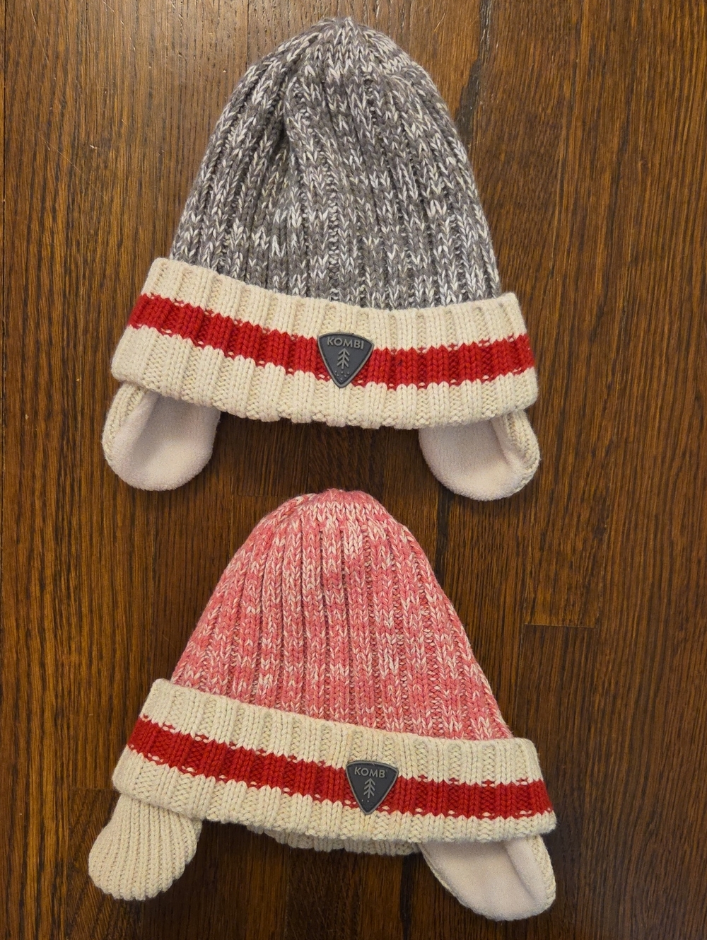 Baby Knit Pom Beanies - Pink and Gray with Red Stripe